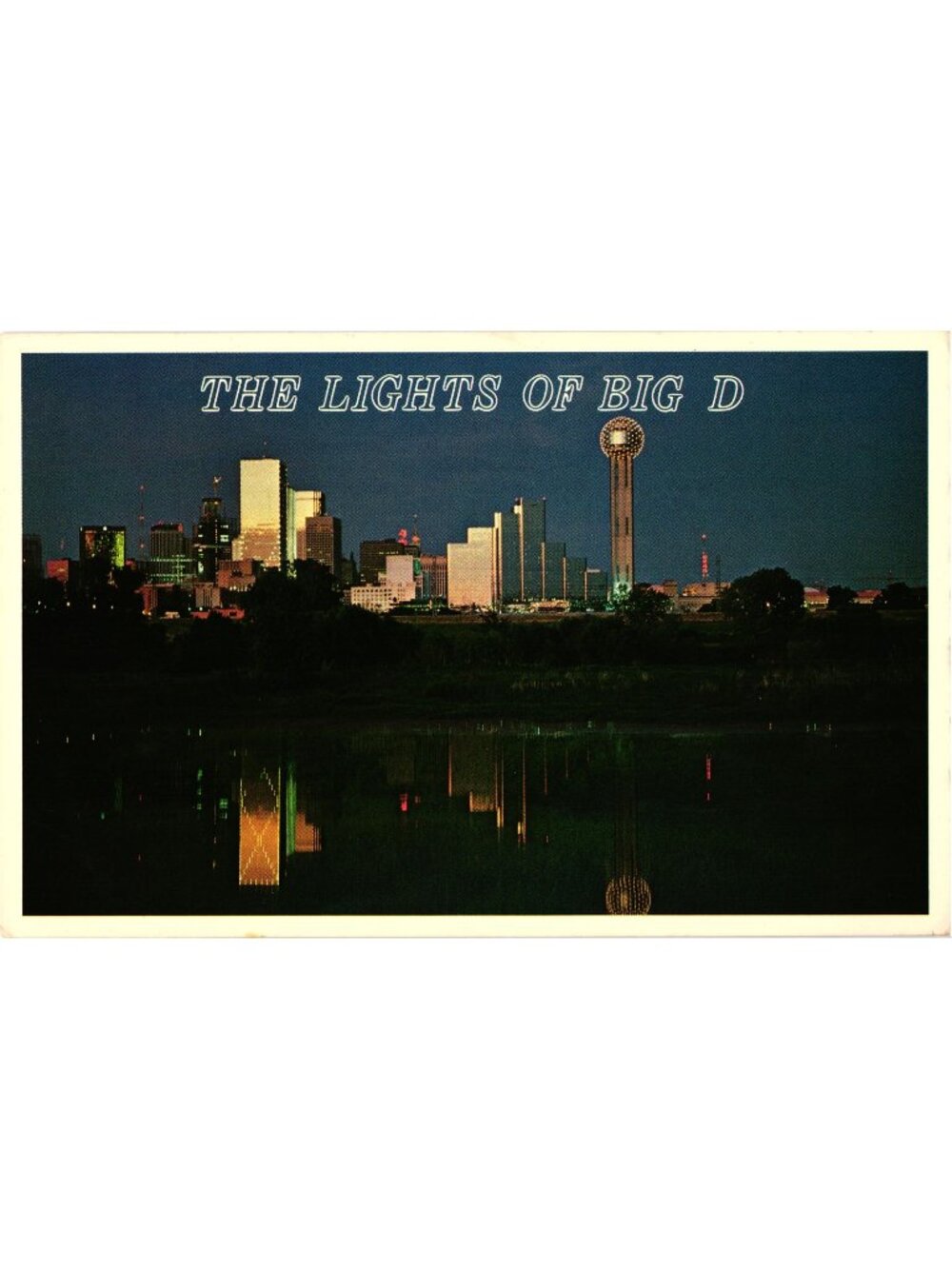Dallas Skyline At Night 1983 Mirro-Krome Postcard Reunion Tower Reflection
